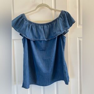 White House Black Market Denim Blue Ruffle Blouse